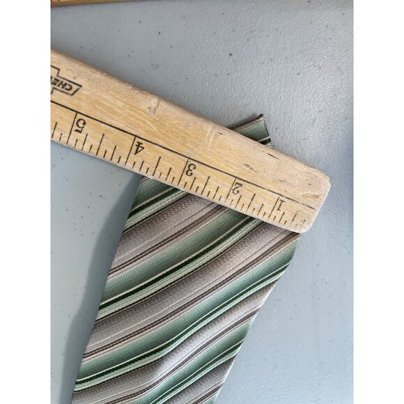 Van Heusen Hand-Made Silk Neck Tie Green Sage Brown Striped Design Business Wear - Picture 4 of 5